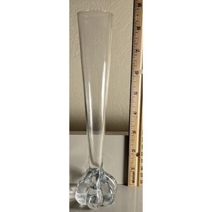8 3/8" ART GLASS Clear Fluted Bud Vase Thick Swirl Heavy Bottom Base Few Bubbles